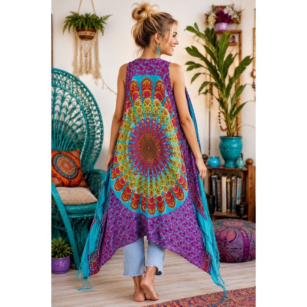 Mandala Print Duster Vest Cover Up Womens OS Purple Festival Sequin Boho Fringe
